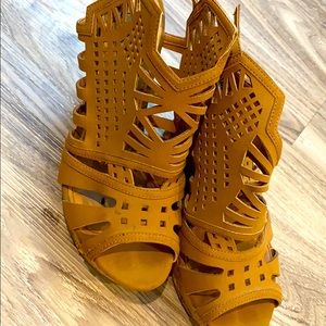 Caramel Brown Suede Boho Wedge Heels